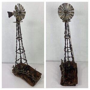 Ern Hett (1922-1997) 18.5” Metal Sculpture Folk Art Windmill Wood Base Brutalist